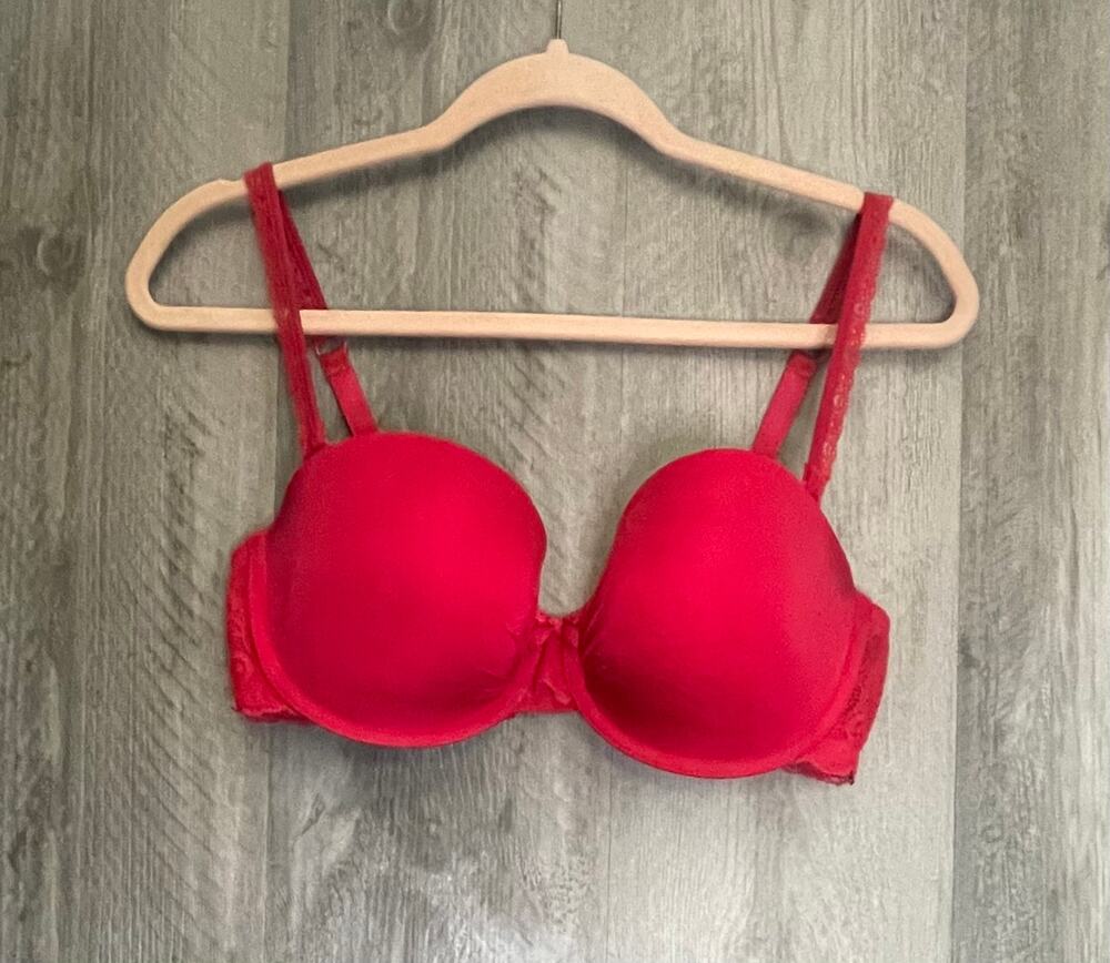 H&M 36D Red Push Up Balconette Bra Lace Double Strap Padded Underwire